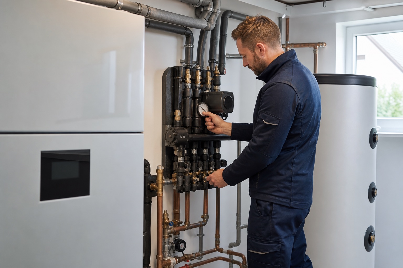 Techniker bei der Kontrolle hydraulischer Komponenten einer Wärmepumpenanlage