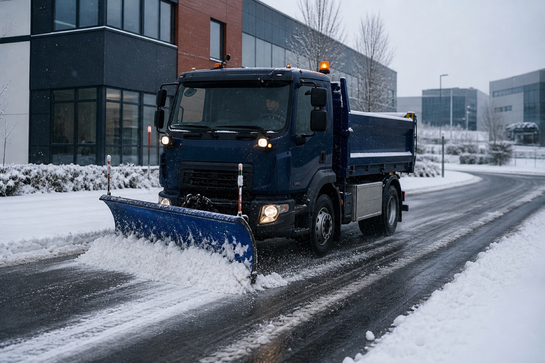 Geschlossenes Winterdienstfahrzeug mit Schneeschild bei der Räumung einer größeren Gewerbefläche